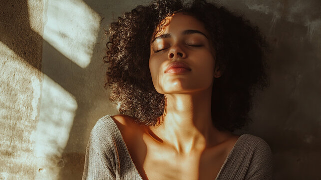 Peaceful woman basking in sunlight with closed eyes