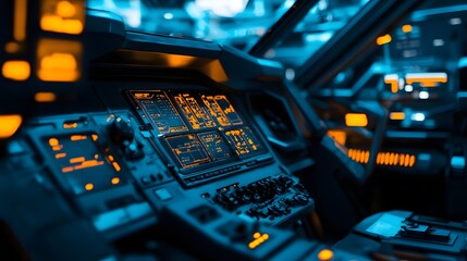 A futuristic spacecraft interior background with glowing panels metallic surfaces and a control console.