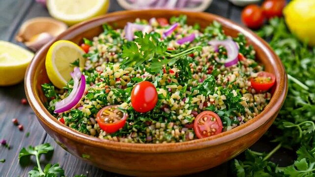 A close up of a bowl of tabbouleh salad with lemon, red onion, and cherry tomatoes
