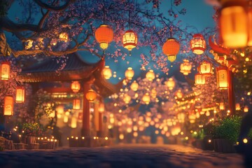 cartoon, chine, décoration chinoise, night, lumiére, 4K, 3D