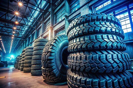 Massive Industrial Tires Stacked High in Factory Warehouse - Close Up Stock Photo