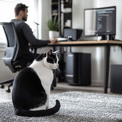 Man Working Remotely in a Home Office with a Black-and-White Cat, Showcasing Modern Workspace Design and Comfortable Lifestyle