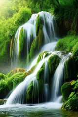 Obraz premium A stunning tropical waterfall cascading down wet mossy rocks, the crystal-clear water sparkling as it flows into a serene pool below