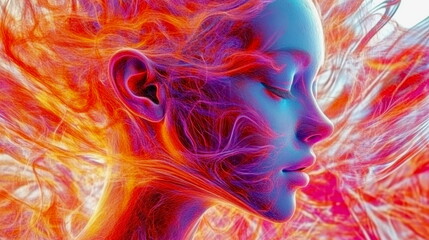 Abstract fractals forming the shape of a human face, glowing in vibrant neon colors