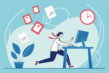 Business professional, office desk, computer monitor, floating cards with icons, multitasking, dynamic pose, vibrant colors, flat design, minimalist illustration, productivity concept, time manageme