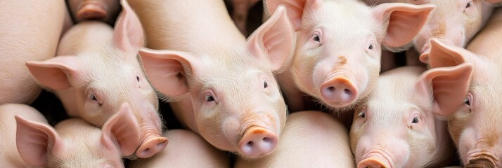 A large group of piglets is huddled closely together, showing a sense of community in a farm environment setting.