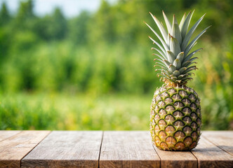 A picturesque view of a pineapple plantation at sunset, featuring ripe pineapples and sliced fruit on a wooden table, capturing the essence of tropical farming and fresh produce.