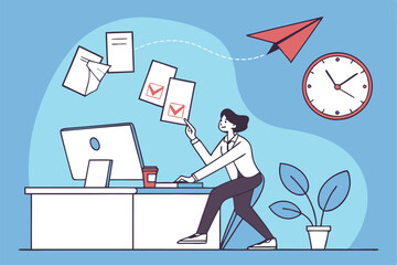 Business professional, office desk, computer monitor, floating cards with icons, multitasking, dynamic pose, vibrant colors, flat design, minimalist illustration, productivity concept, time manageme