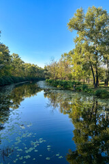 Landscape of calm river in the countryside, Ukraine

