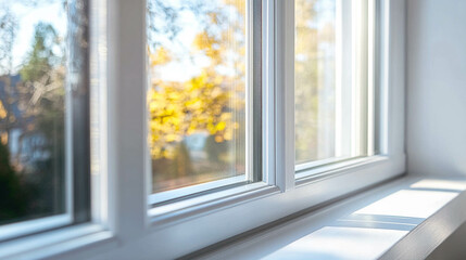 A white window frame close-up with a tree view