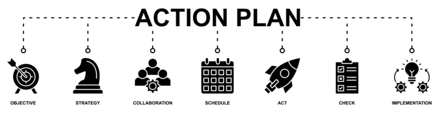 Action plan banner web icon vector illustration concept with icon of objective, strategy, collaboration, schedule, act, launch, check, and implementation
