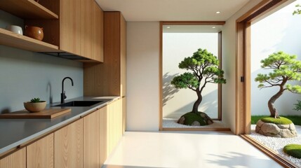 Modern minimalist kitchen design featuring natural wood cabinetry, sleek countertops, and a tranquil zen garden view through expansive windows.
