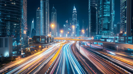 Fototapeta premium city with towering skyscrapers, neon signs, and roads lit up by streetlights at night,