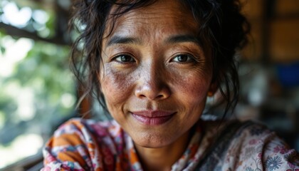 Close-up portrait of a woman with dark hair wearing a floral blouse outdoors