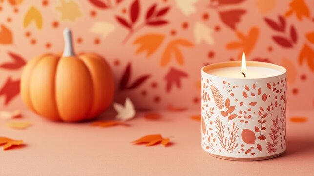 Autumnal vibes with a scented candle and a miniature pumpkin. Warm, inviting, and cozy.