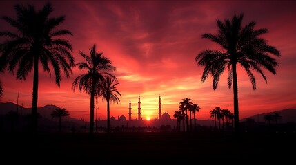 Obraz premium Majestic sunset over a city skyline with palm trees silhouetted against vibrant colors