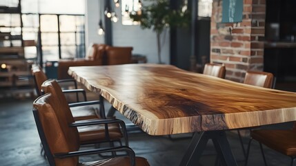 A handcrafted wooden table with a live-edge finish surrounded by leather chairs in an industrial-style loft.