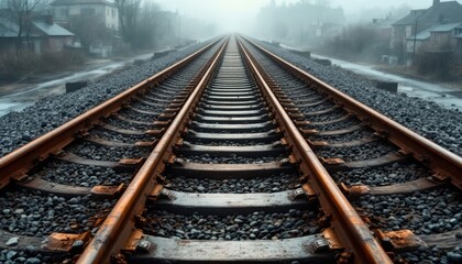 Obraz premium Railway tracks stretching into the distance disappearing into a misty and moody background