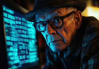 An elderly man wearing glasses and a hat intently examines a computer screen filled with glowing binary code. The low light enhances the atmosphere of concentration and curiosity.