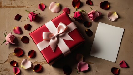 Romantic Flat Lay with Gift Box and Blank Greeting Card for Custom Messages