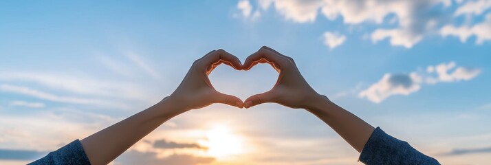 Silhouette of hands forming a heart shape against a bright sun and blue sky, symbolizing love and unity.