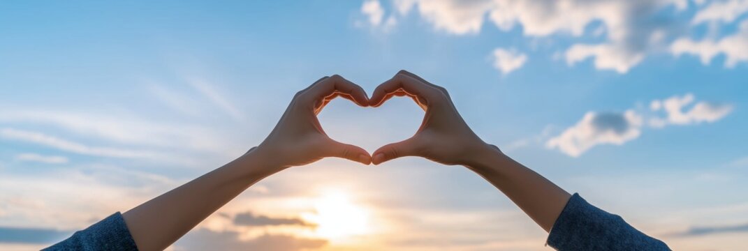 Silhouette of hands forming a heart shape against a bright sun and blue sky, symbolizing love and unity.