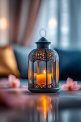 Intricate lantern holding a warm candlelight, creating a serene ambiance.