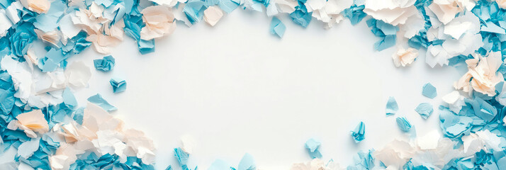 Elegant Blue and Cream Paper Confetti Frame on White Background: Perfect for Invitation, Greeting Card, or Wedding Design
