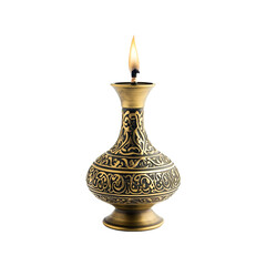 Ornate Brass Lamp with Lit Flame Intricate Design