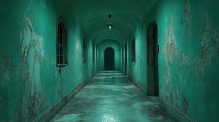 Fototapeta premium Eerie green asylum hallway, film set, mystery