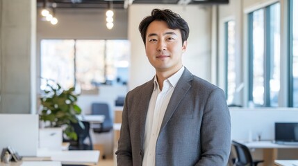 Fototapeta premium Confident Korean-Canadian Businessman in Casual Blazer Working in a Bright Office with Natural Light