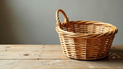 Empty wicker basket on rustic wooden surface, simple and elegant design, natural light, subtle shadow, perfect for product placement or home decor photography