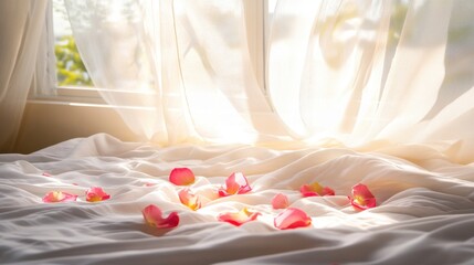 Delicate rose petals on silk, bathed in soft morning light, evoking a dreamy, romantic ambiance.