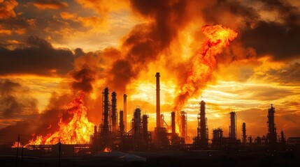 Obraz premium Inferno blazing through petrochemical plant, bright orange flames with thick smoke clouds above.