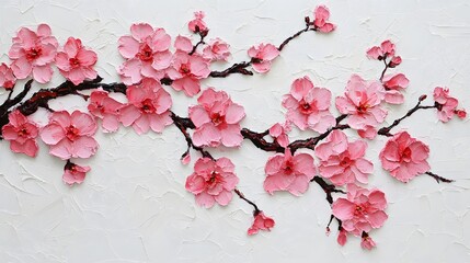 Pink Cherry Blossoms Branch Impasto Painting Art