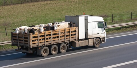 A truck carrying cattle cruises down an open highway, showcasing rural transportation and agriculture scenes.