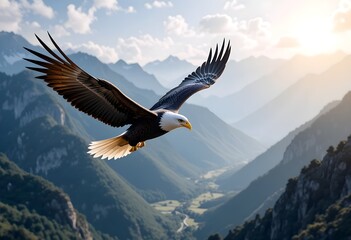Fototapeta premium An eagle flying high above a mountain valley