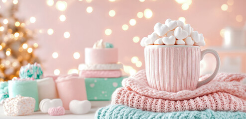 Cozy Winter Mug with Heart-Shaped Marshmallows and Knitwear on Pink Background