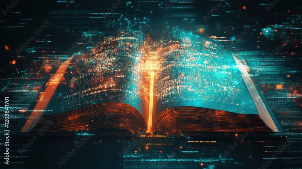 Poster digital book with glowing pages and binary code background