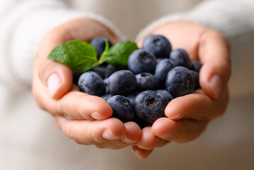 Blueberries holding by woman hand, Healthy fruit, Food ingredient