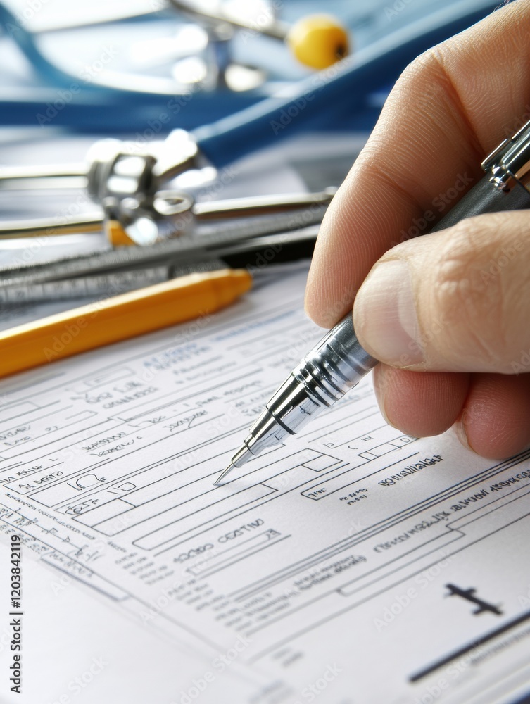 Poster hand completing a medical form with pen and healthcare tools in the background during an office visi