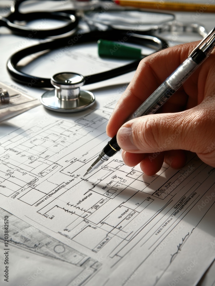 Poster Hand completing a medical form in a healthcare setting with tools and paperwork visible. Generative AI