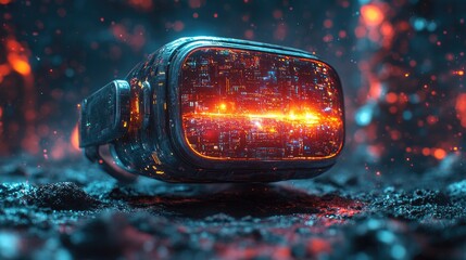 Futuristic virtual reality headset glowing amidst a fiery digital landscape with vibrant colors