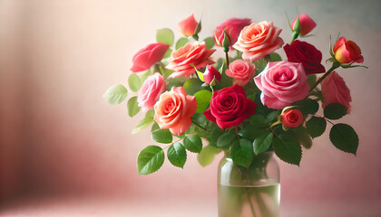 Fototapeta premium A close-up of roses in red, pink, and orange hues arranged in a glass vase. The softly blurred pastel background and natural lighting create a romantic and elegant atmosphere, Generative AI