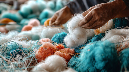 Fisherman repairing fishing nets with colorful threads and hands