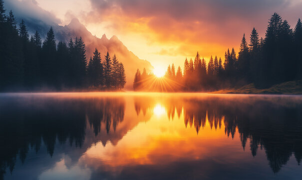 Beautiful panorama lake water sunset background forest landscape - Powered by Adobe