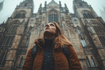 Naklejka premium Young woman gazing upward in front of historic cathedral on a cloudy day