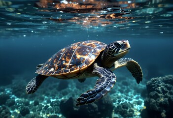 A turtle swimming calmly in crystal clear waters