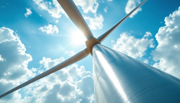Low angle shot of a wind turbine against a blue sky and clouds representing renewable energy