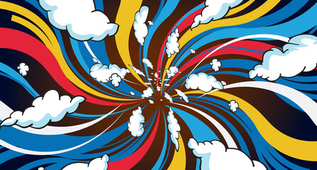 Fototapeta premium Retro colorful sunbeam background with clouds, pop art style, comic zoom lines